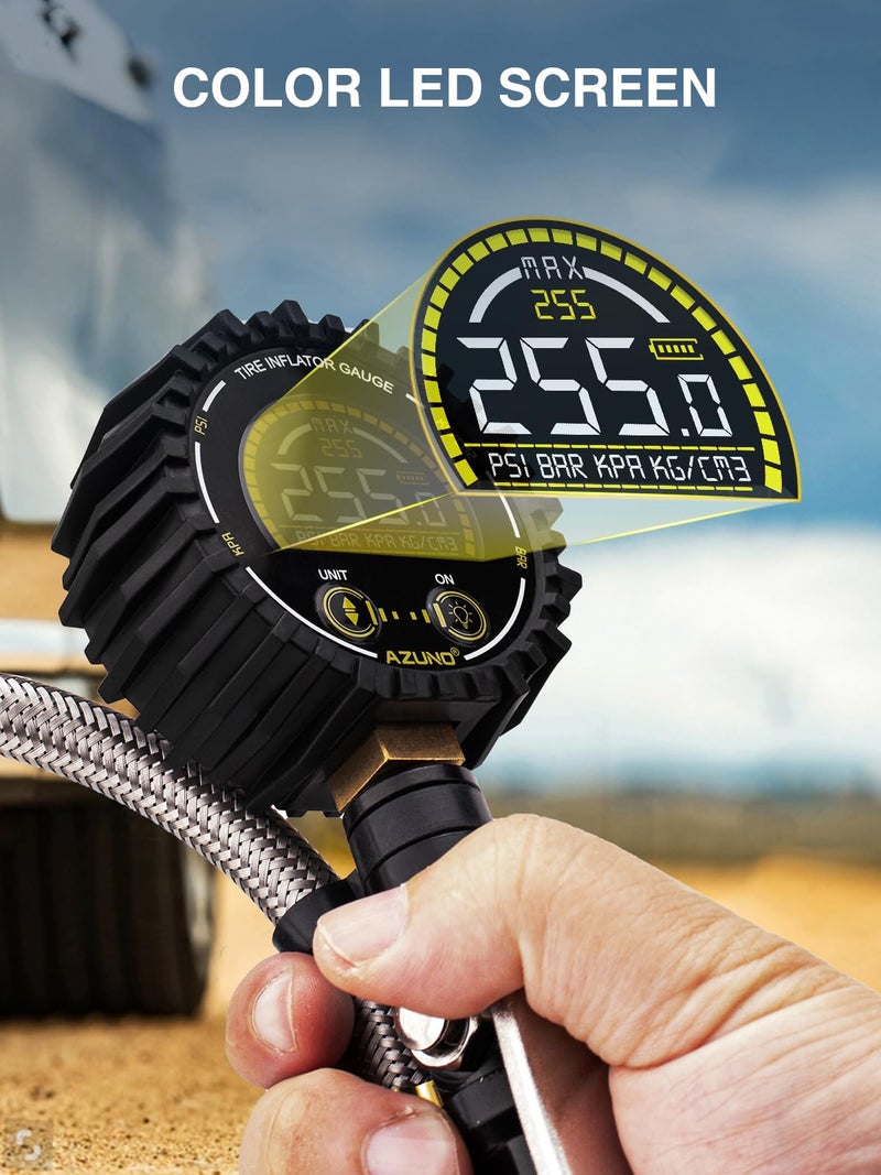 AZUNO Tire Pressure Gauge  255PSI Digital Tire Inflator Gauge Air Chuck Air Compressor Attachments  with Steel Braided Hose  Quick Connect Coupler&Carrying Case  for Truck/Car/SUV/RV/Bike - Image 3